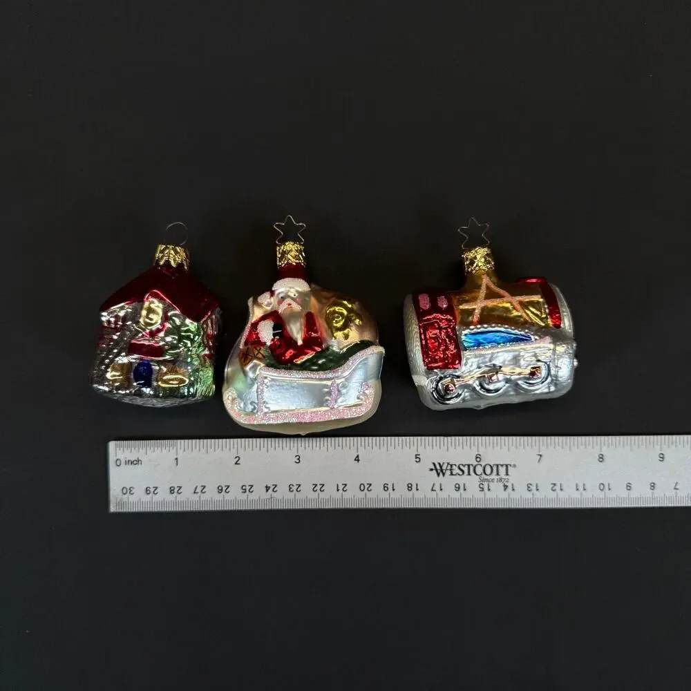 3x vintage Old World Christmas tree Ornaments Santa Sleigh House train w Box